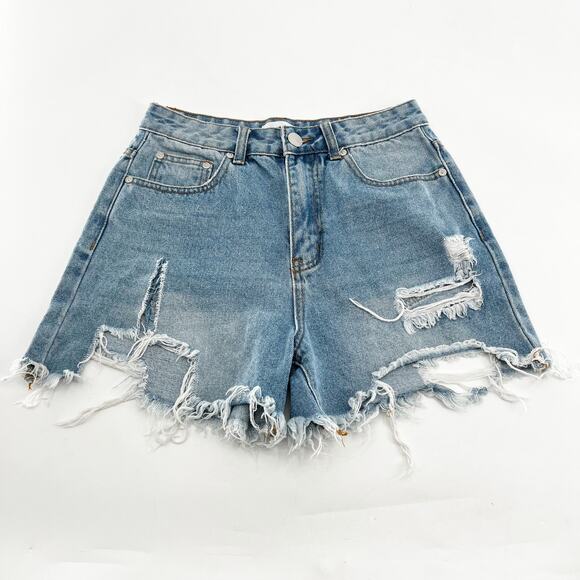 Superdown Blue Denim Distressed Frayed Hem Shorts 26 - Picture 1 of 4